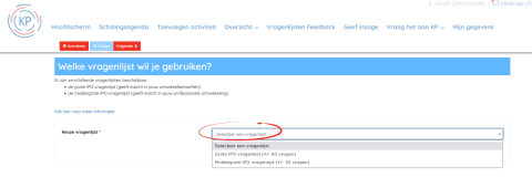 IPO selecteer een vragenlijst